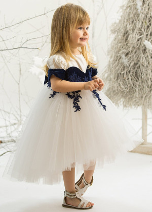 Navy Blue Velvet Lace Ivory Tulle High Low Flower Girl Dress